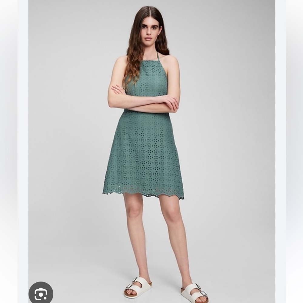New-gap-0-sage green-halter neck,eyelet,tie back,scalloped hem,knee-length dress
